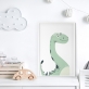 Poster infantil com um dinossauro verde sorridente, perfeito para decoração de quartos de bebé e crianças. 1