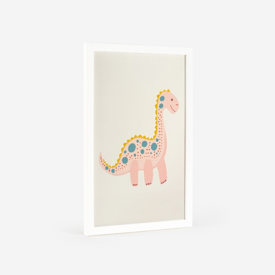 Poster de um dinossauro cor-de-rosa com bolinhas coloridas, ideal para decoração de quartos infantis e de bebé. 4